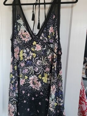 Free People Black Floral Lace-Trim Slip Dress with Pastel Blooms